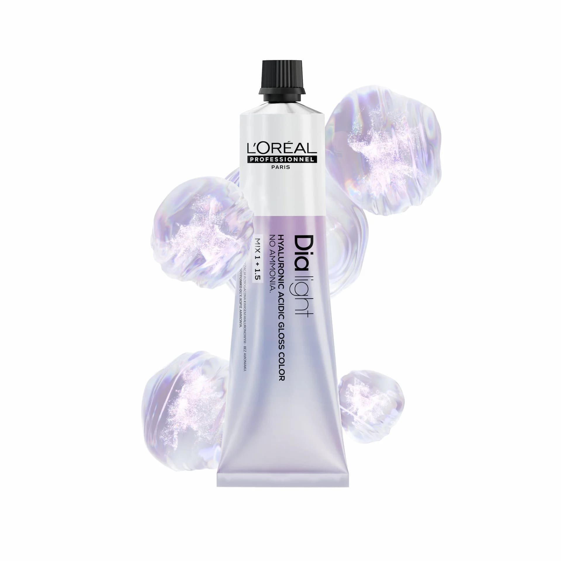 Tubka farby L’Oréal Professionnel Dia Light z perłowymi, przezroczystymi akcentami.