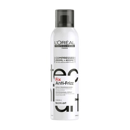 Biały lakier do włosów L’Oréal, stojący pionowo na białym tle.