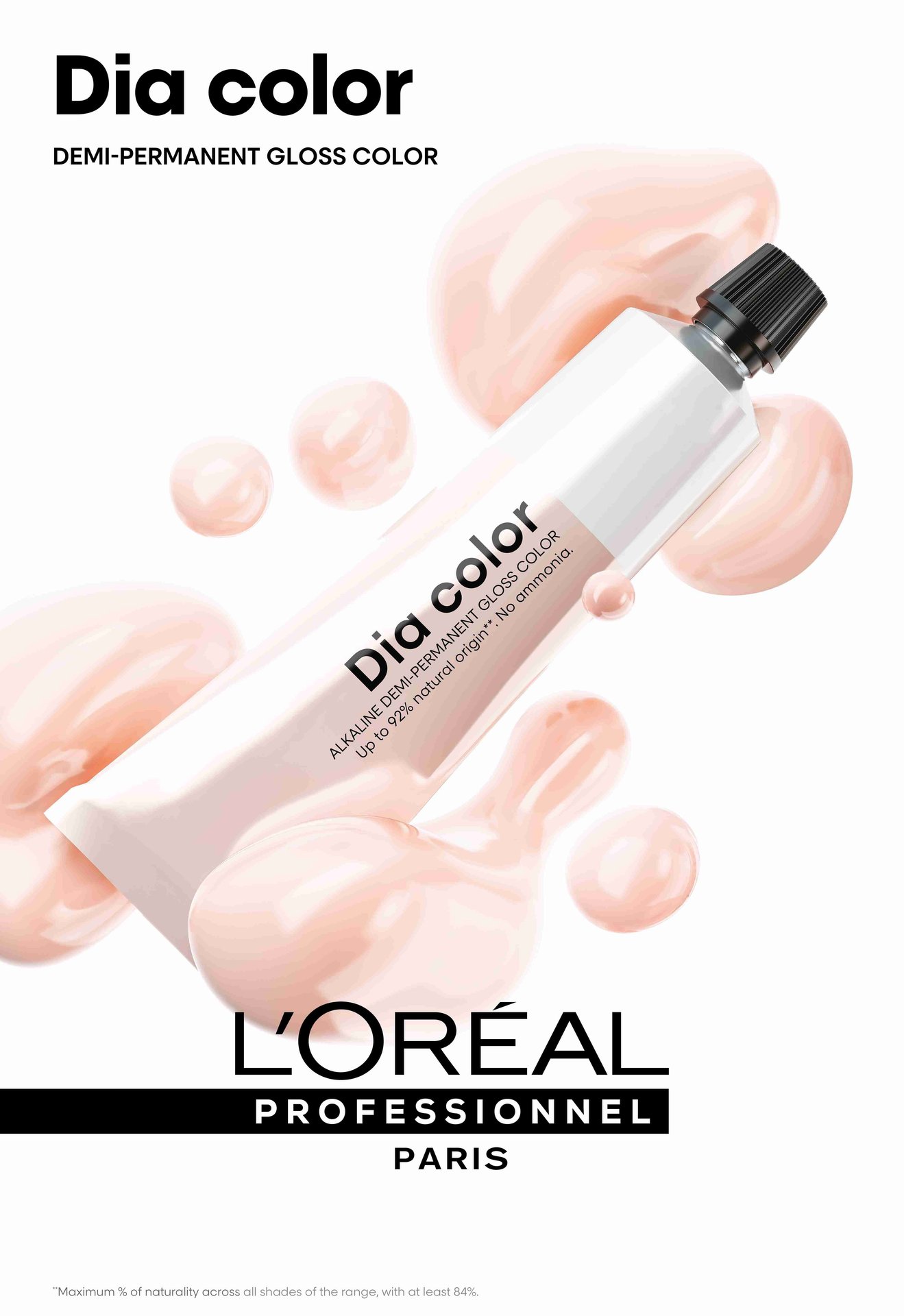 Tubka farby do włosów L’Oréal Professionnel z pastelowymi smugami na białym tle.