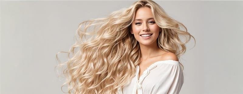 Uśmiechnięta blondynka z rozwianymi włosami pozuje na jasnym, neutralnym tle.