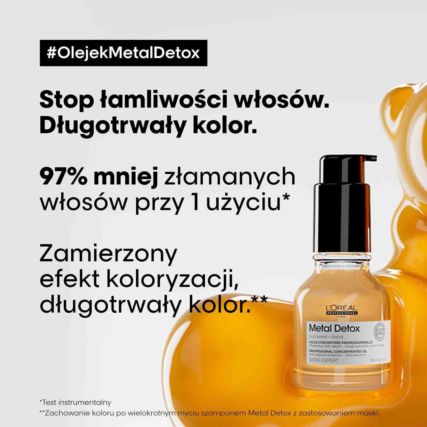 Butelka olejku L’Oréal Metal Detox obok reklamy przeciw łamliwości włosów.