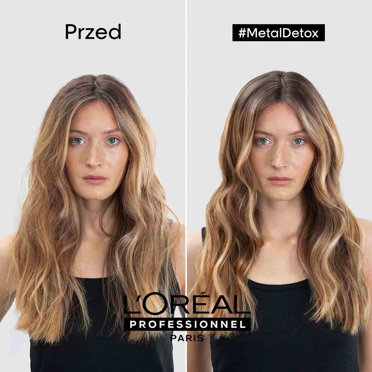 Kobieta z falowanymi włosami, przed i po zabiegu, na neutralnym tle.