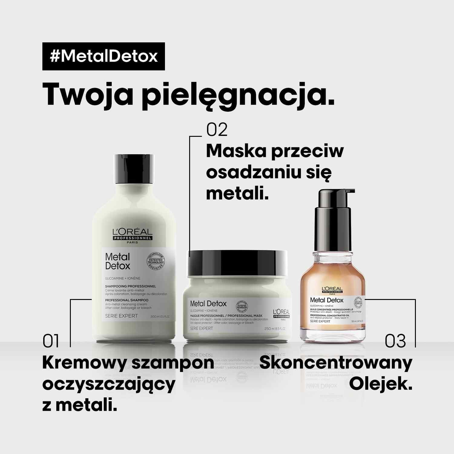 Trzy kosmetyki L’Oréal Metal Detox stoją na jasnym tle reklamowym.