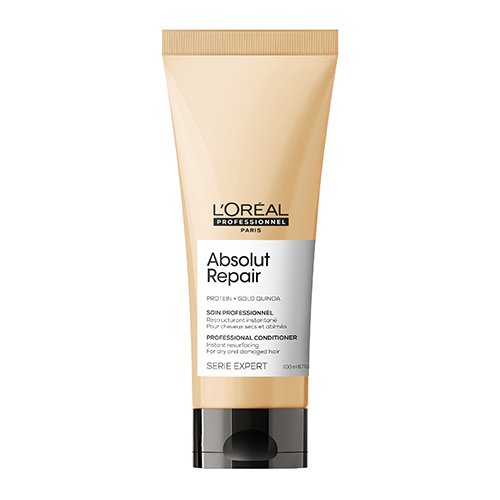 Beżowy tubkowy odżywka do włosów L’Oréal Absolut Repair na białym tle.
