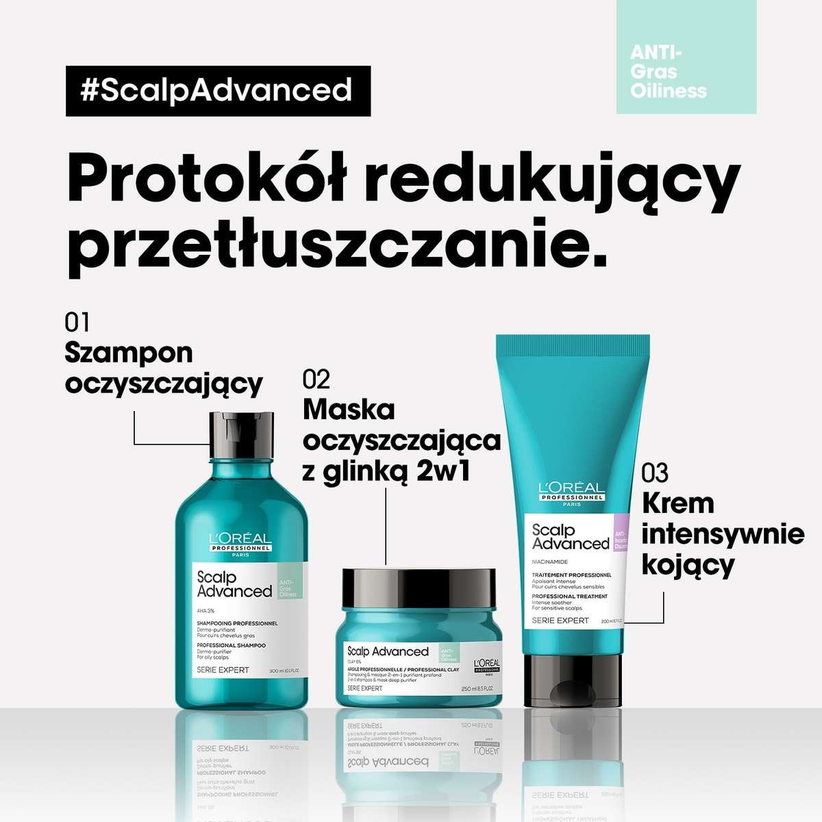 Reklama kosmetyków L’Oréal Scalp Advanced przeciw przetłuszczaniu, z trzema produktami na białym tle.