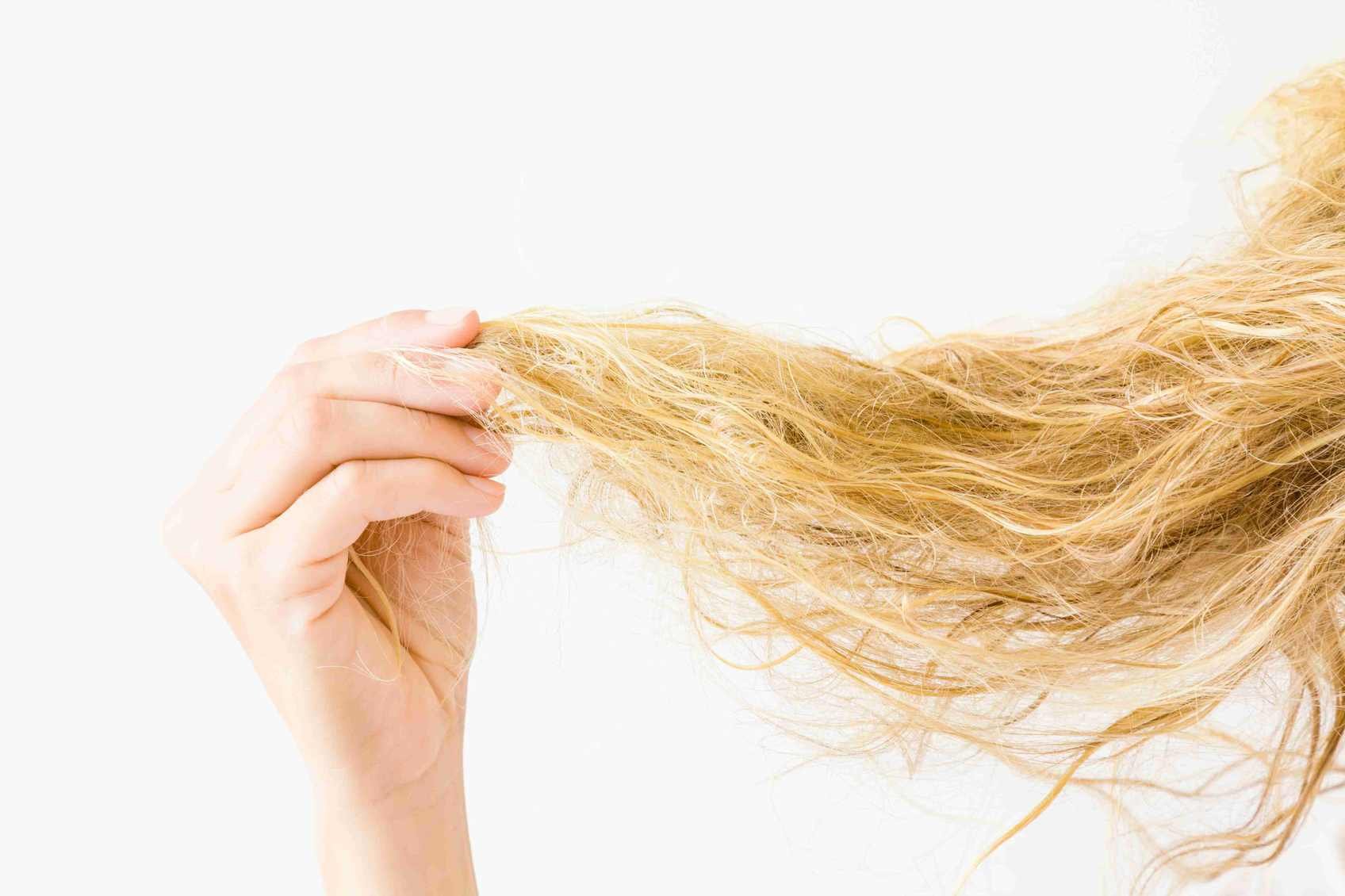 Dłoń trzyma splątane blond włosy na białym tle.