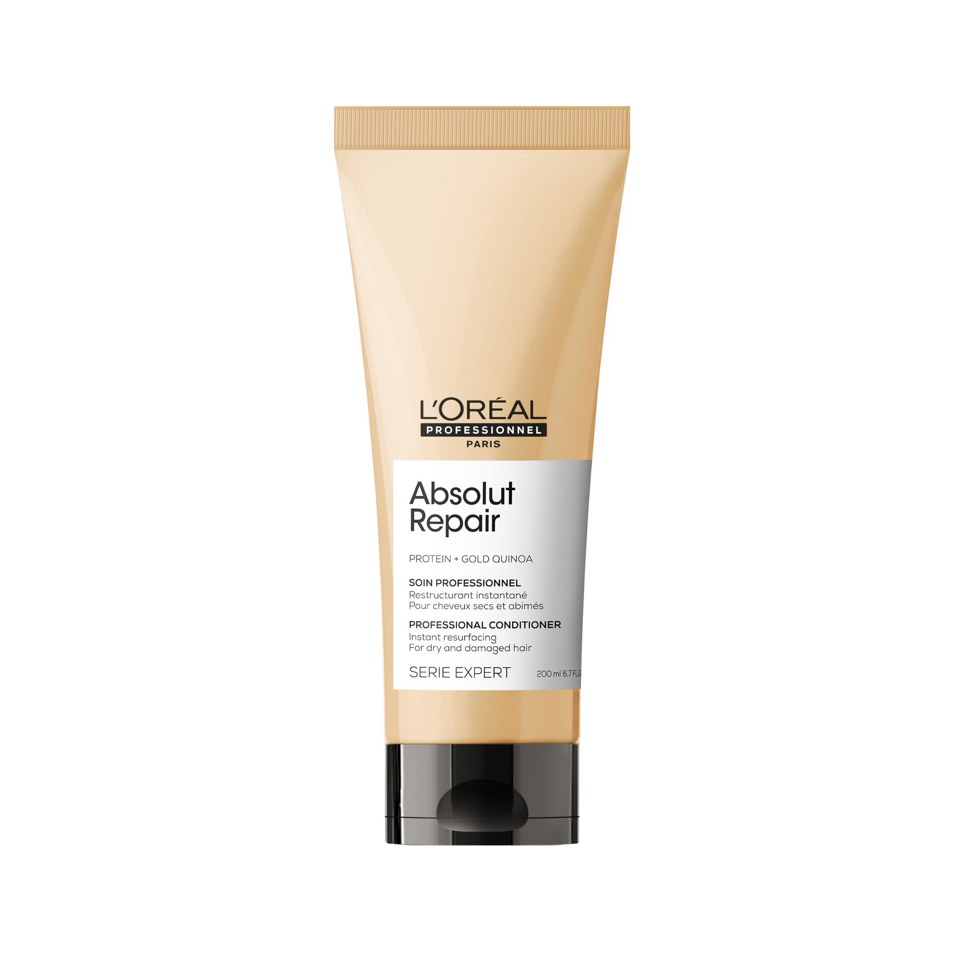 Beżowa tubka odżywki do włosów L’Oréal Professionnel Absolut Repair na białym tle.