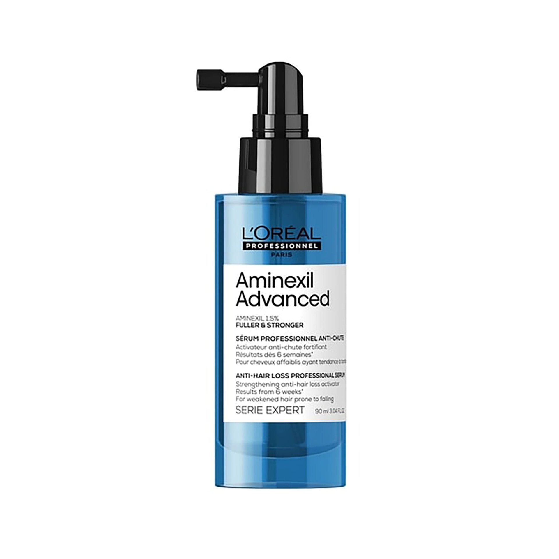Niebieski flakon serum L’Oréal Professionnel z pompką, na białym tle.