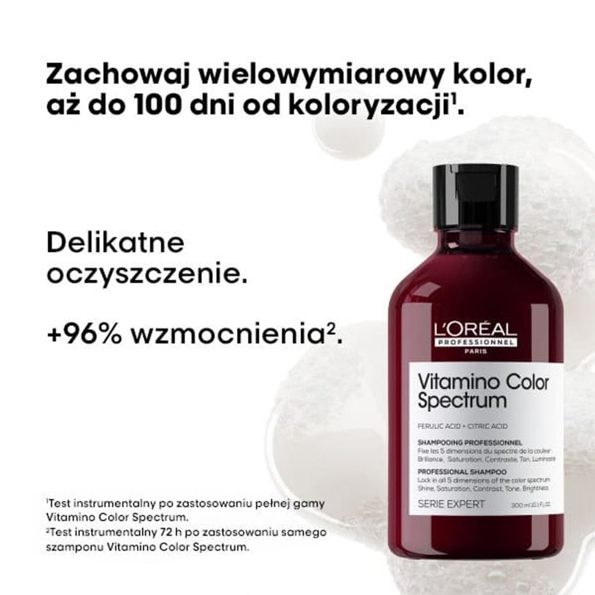Ciemnoczerwony szampon L’Oréal Vitamino Color na białym tle z polskim reklamowym tekstem.