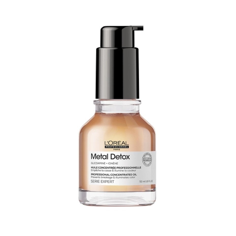 Butelka serum do włosów L’Oréal Metal Detox z pompką, na białym tle.