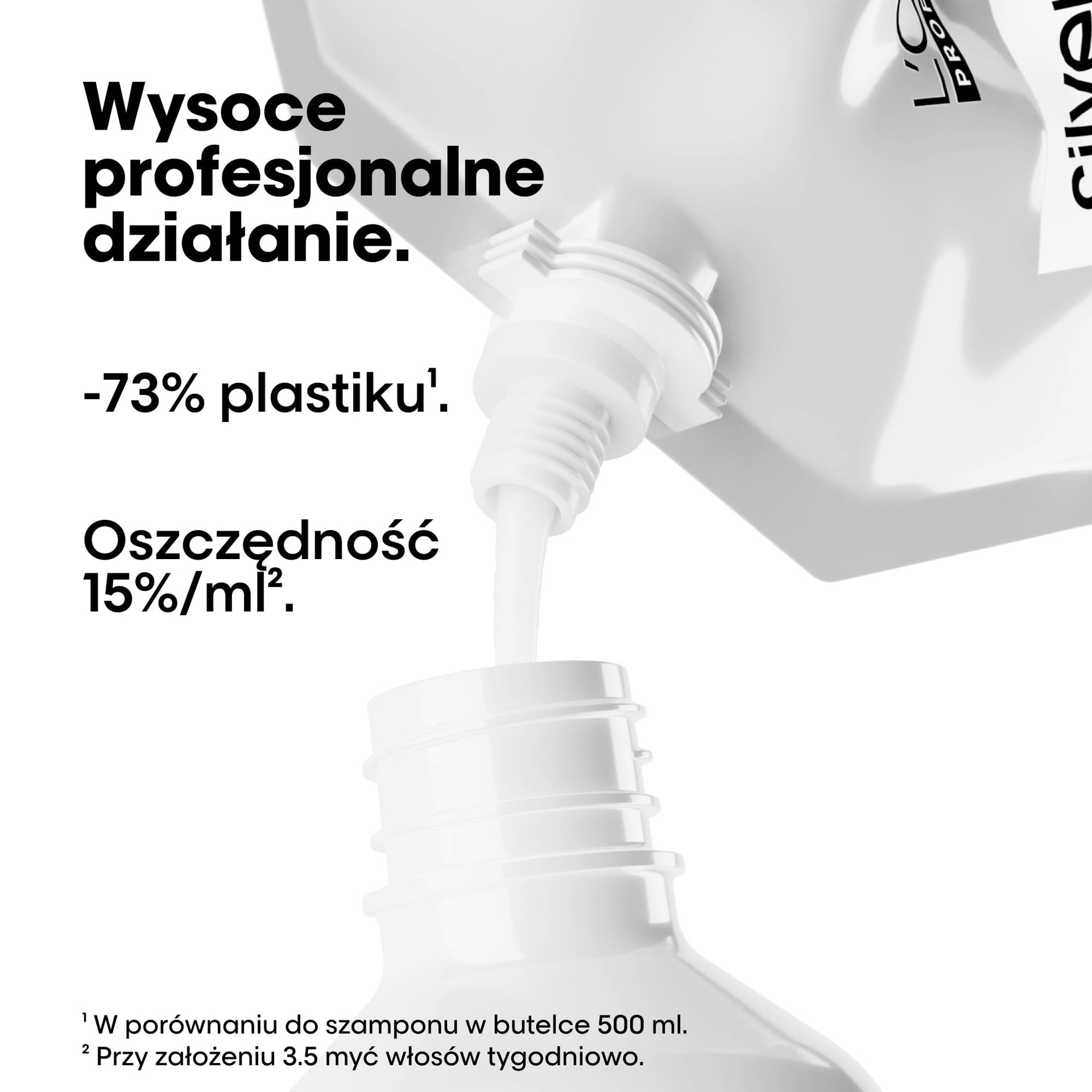 Biała butelka szamponu z lejkiem, nalewana; czarny tekst reklamowy o oszczędności i plastiku.