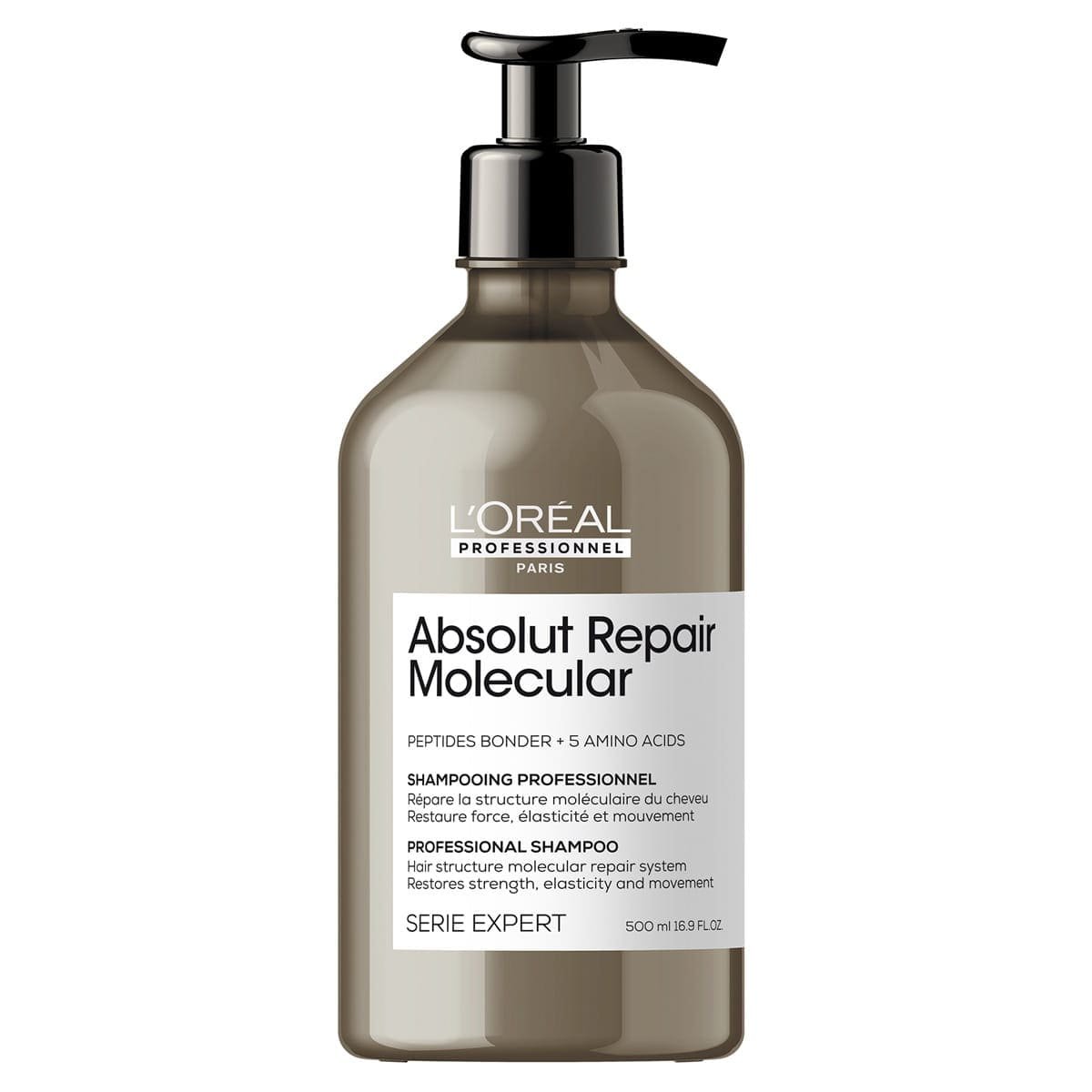 Brązowa butelka z pompką szamponu L’Oréal Professional, stojąca na białym tle.