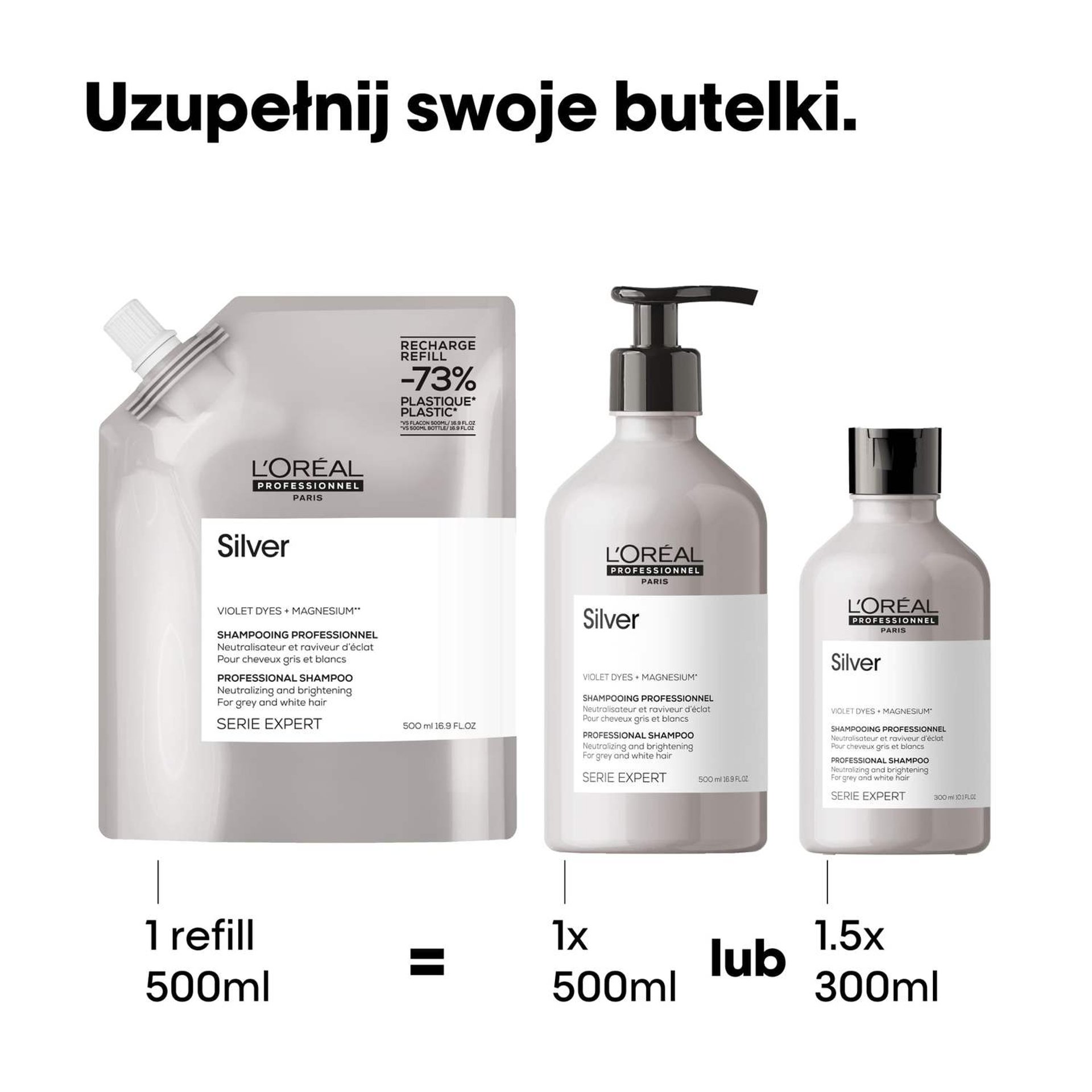Trzy butelki szamponu L’Oréal Professionnel Silver na białym tle, z opisem uzupełniania.
