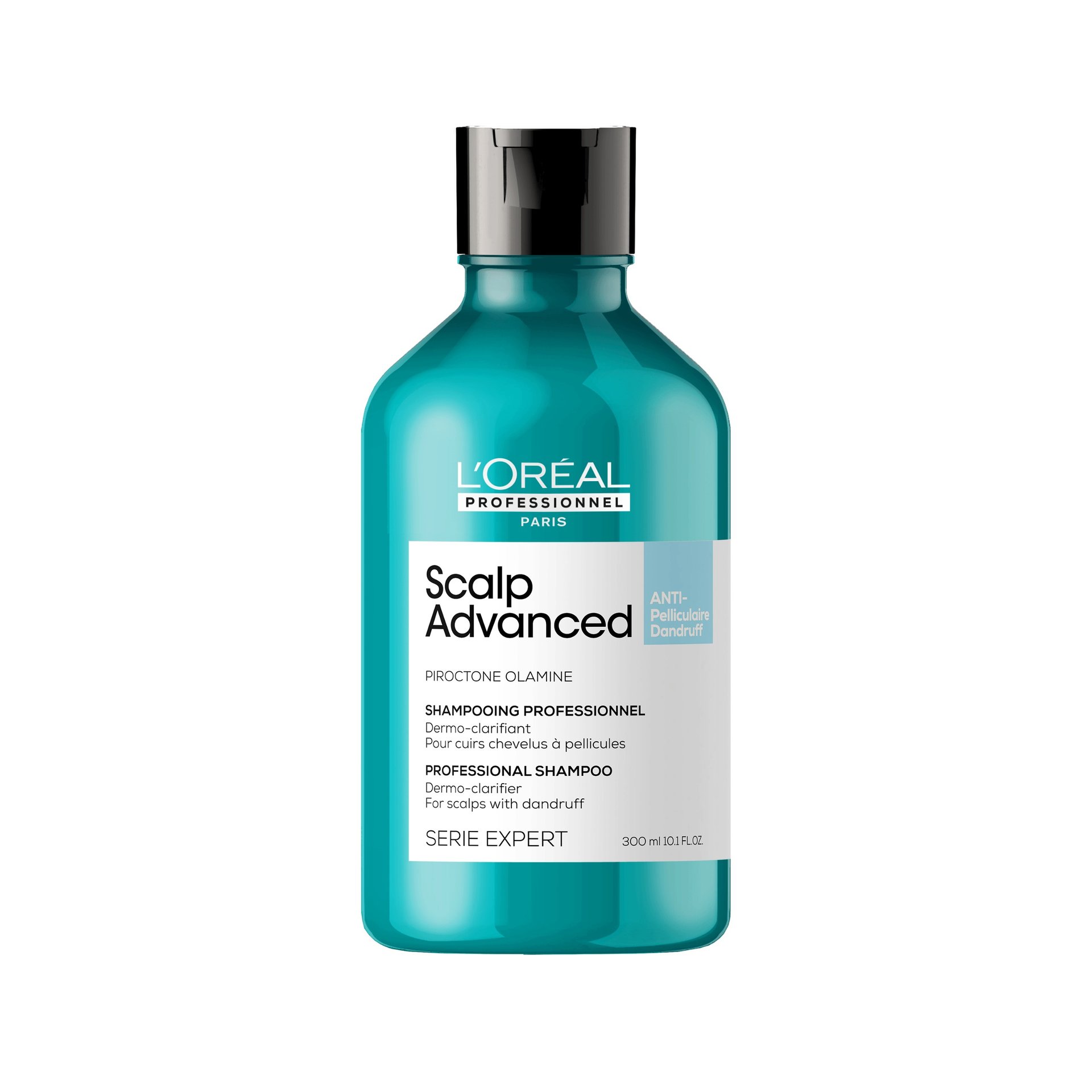 Turkusowa butelka szamponu L’Oréal Professionnel przeciwłupieżowego na białym tle.