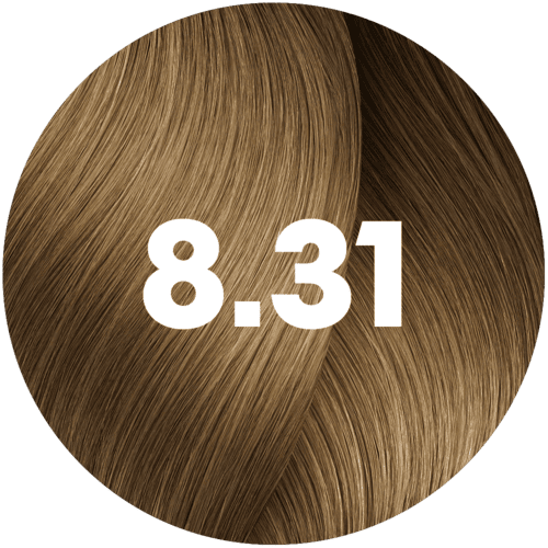 Kolor włosów: jasny blond z numerem 8.31 na okrągłej próbce.