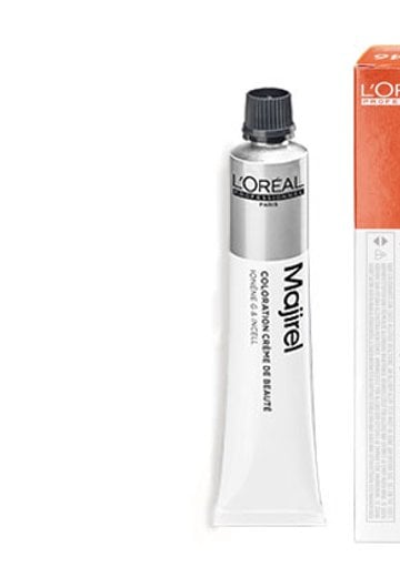 Tuba farby do włosów L’Oréal Majirel obok pudełka na białym tle.