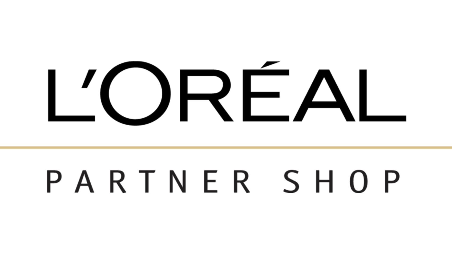 Logo L’Oréal Partner Shop na białym tle, czarny napis z cienką złotą linią.