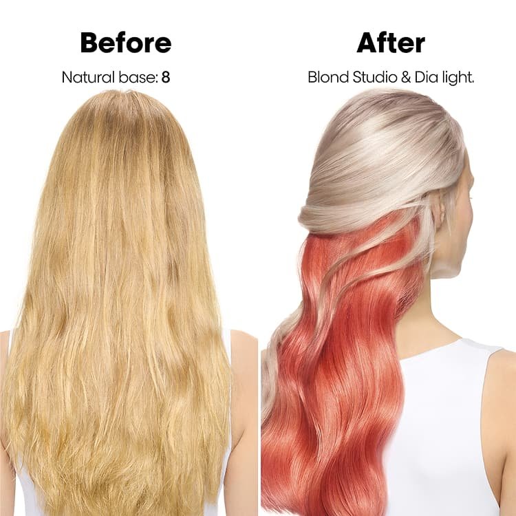 Before and after of a woman’s hair showing the power of a hair gloss for shine, smoothness, and color-treated hair protection
